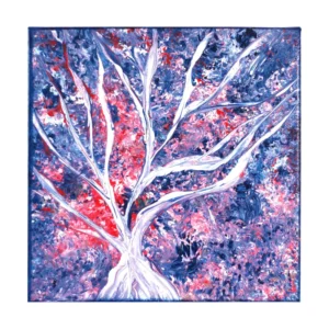 Peinture abstraite intitulée "Arbre", représentant un arbre blanc sur un fond vibrant rose et bleu. Tableau acrylique 30x30 cm sur toile.