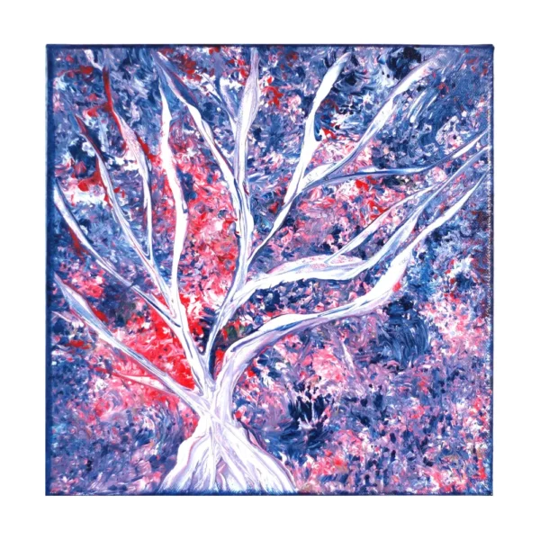 Peinture abstraite intitulée "Arbre", représentant un arbre blanc sur un fond vibrant rose et bleu. Tableau acrylique 30x30 cm sur toile.