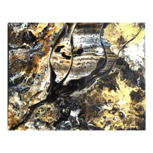Tableau abstrait intitulé "Audace", aux teintes dorées, noires et cuivrées. Œuvre vibratoire 30x40 cm, mêlant texture fluide et énergie affirmée.