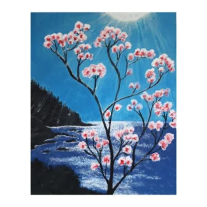 Peinture intitulée "Cerisier sur mer", représentant un arbre en fleurs stylisé face à la mer. Tableau poétique 40x50 cm en acrylique sur carton entoilé.