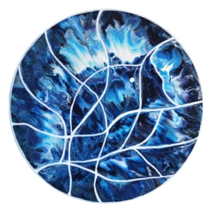 Tableau abstrait rond intitulé "Chemins de vie", représentant des formes fluides et entrelacées sur fond circulaire. Peinture acrylique 30 cm de diamètre sur toile.