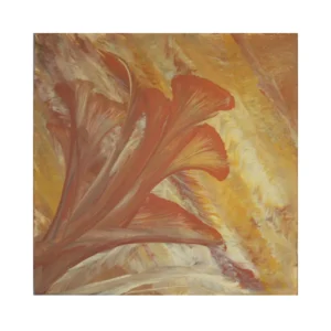 Tableau abstrait intitulé "Corail", aux nuances rouges et turquoises, représentant une forme organique vivante. Peinture acrylique 40x40 cm sur toile.