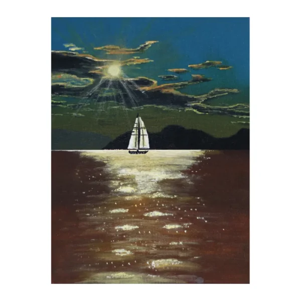 Tableau marin intitulé "Crépuscule sur mer", représentant un voilier solitaire sur une mer dorée au coucher du soleil. Peinture acrylique sur carton entoilé, format portrait 30x40 cm.