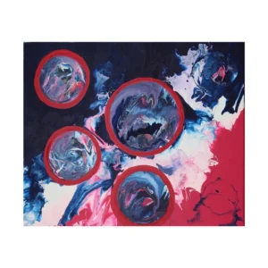 Tableau abstrait intitulé "Dimensions", représentant plusieurs cercles cosmiques sur fond coloré bleu, rose et noir. Peinture acrylique 60x80 cm au style moderne et énergétiquement chargé.