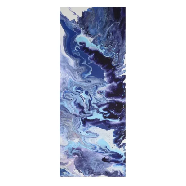 Tableau abstrait intitulé "Dragons", aux nuances de bleu, violet et blanc. Peinture verticale 30x60 cm, aux formes fluides évoquant l’énergie et les éléments.