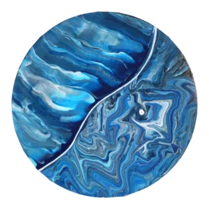 Tableau abstrait intitulé "Dualité", en forme ronde, aux nuances de bleu fluides évoquant l’équilibre entre deux énergies. Peinture acrylique 30 cm sur toile.