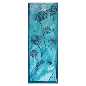 Tableau abstrait intitulé "Élévation", au format vertical 30x80 cm, représentant des fleurs stylisées s’élevant dans un fond turquoise. Peinture acrylique sur toile.