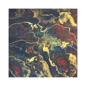 Tableau abstrait intitulé "Énergie fluide", aux teintes rouges, noires et dorées évoquant un flux de feu vibrant. Peinture acrylique 40x40 cm sur carton entoilé.