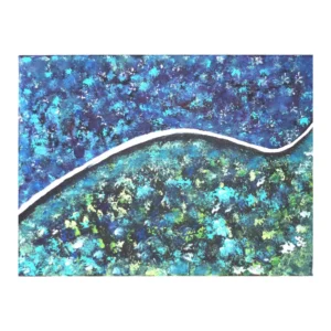 Tableau abstrait intitulé "Entre mer et terre", aux teintes bleues et vertes séparées par une ligne sinueuse blanche. Peinture acrylique 30x40 cm sur toile.