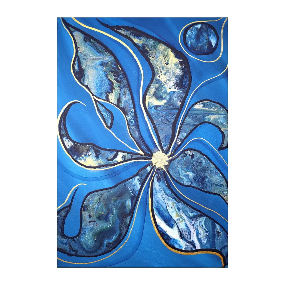 Tableau marin intitulé "Crépuscule sur mer", représentant un voilier solitaire sur une mer dorée au coucher du soleil. Peinture acrylique sur carton entoilé, format portrait 30x40 cm.