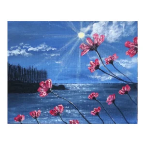 Tableau intitulé "Fleurs sur mer", représentant des fleurs rouges stylisées au bord d’un océan bleu sous un ciel lumineux. Peinture acrylique 24x30 cm sur carton entoilé.