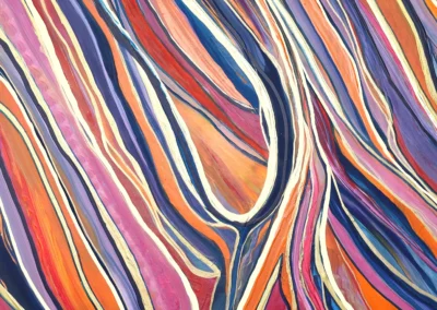 Tableau abstrait intitulé "Fluidité", composé de lignes sinueuses multicolores sur fond clair. Peinture 60x80 cm en acrylique, au style organique et vibrant.