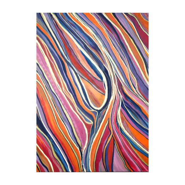 Tableau abstrait intitulé "Fluidité", composé de lignes sinueuses multicolores sur fond clair. Peinture 60x80 cm en acrylique, au style organique et vibrant.