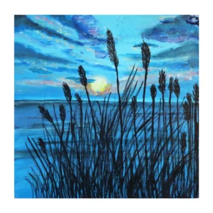 Tableau intitulé "Force douce", représentant des tiges noires stylisées au bord d’un plan d’eau bleu au coucher du soleil. Peinture acrylique 30x30 cm sur carton entoilé.