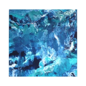 Tableau abstrait intitulé "Ocean", représentant des nuances de bleu en mouvement fluide, sur toile carrée 60x60 cm. Peinture acrylique vibratoire.