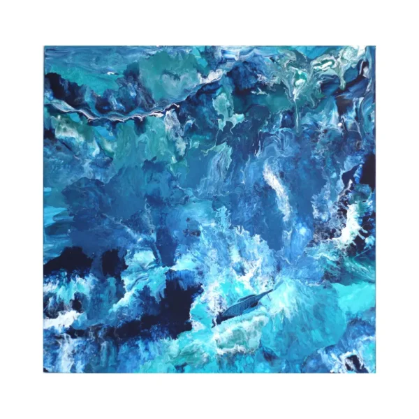 Tableau abstrait intitulé "Ocean", représentant des nuances de bleu en mouvement fluide, sur toile carrée 60x60 cm. Peinture acrylique vibratoire.