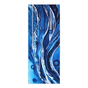 Tableau abstrait intitulé "Racines Célestes", vertical, aux teintes bleues et blanches évoquant des branches cosmiques. Œuvre énergétique de 30x60 cm sur toile.