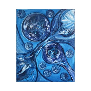 Tableau abstrait intitulé "Rencontres", représentant des sphères bleues en mouvement dans un style organique et énergétique. Peinture acrylique 40x50 cm.