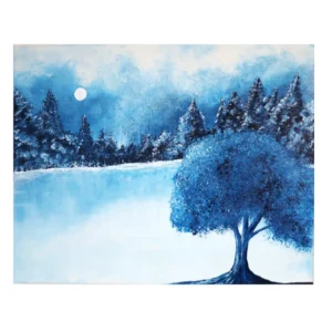 Tableau paysage intitulé "Sérénité", peint dans des tons bleus nocturnes avec un arbre solitaire et une pleine lune. Acrylique 50x70 cm, ambiance calme et méditative.