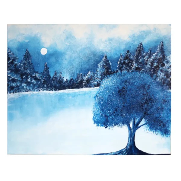 Tableau paysage intitulé "Sérénité", peint dans des tons bleus nocturnes avec un arbre solitaire et une pleine lune. Acrylique 50x70 cm, ambiance calme et méditative.