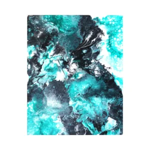 Tableau abstrait intitulé "Transition", aux couleurs turquoise, noir et blanc. Peinture acrylique 40x50 cm sur toile, illustrant un mouvement énergétique fluide et contrasté.