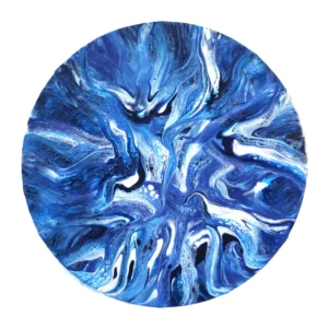 Tableau abstrait intitulé "Profondeur marine", en forme ronde, aux teintes bleu profond et blanc. Peinture acrylique 30 cm sur bois, inspirée des fonds marins.