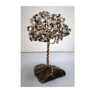 Arbre de vie décoratif œil de tigre quartz blanc perles blanches – pièce artisanale d’ancrage et de clarté
