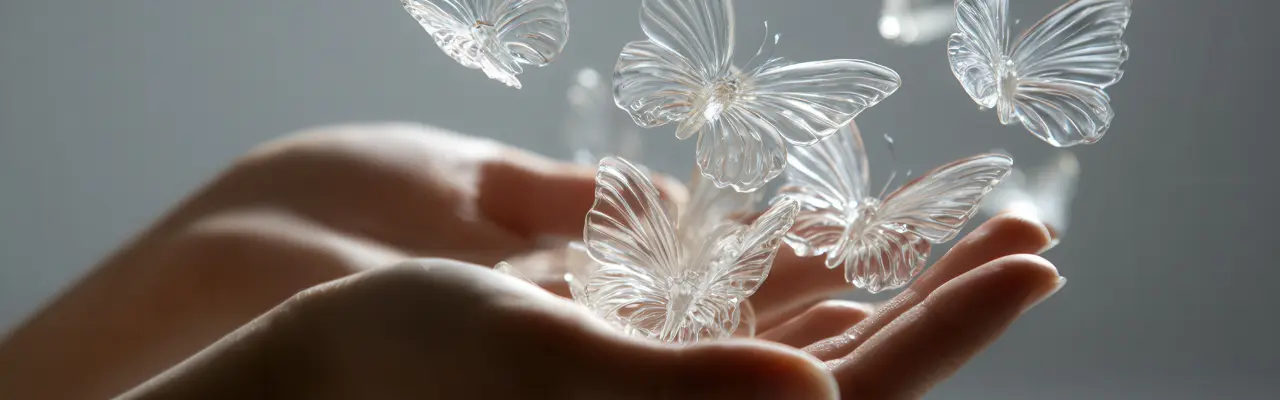 main avec des papillons en verre un symbole de transformation