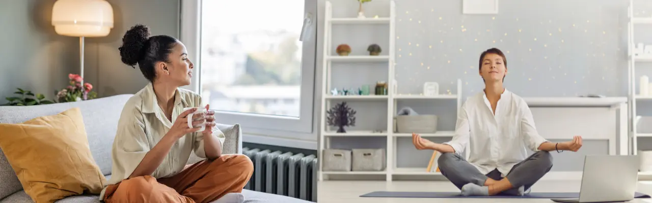 Femme pratiquant le yoga comme solution naturelle pour réduire la fatigue psychique.