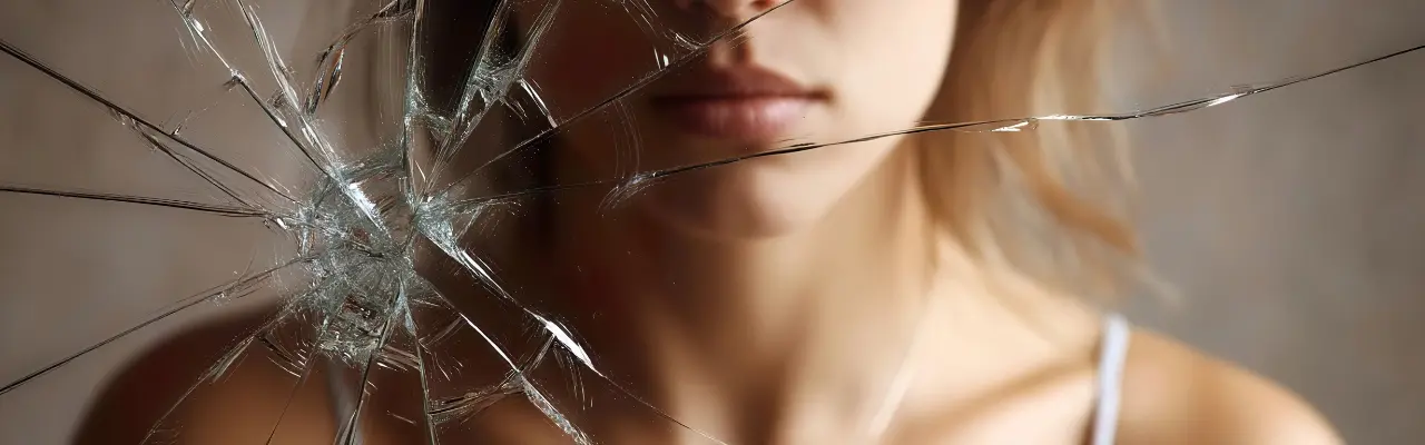 Visage d'une femme perçu à travers un miroir brisé illustrant un blocage inconscient et l'auto-sabotage qui freinent les potentiels latents.