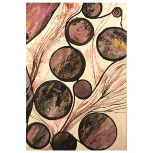 Tableau abstrait avec des couleurs naturelles, corail, marron. Une danse des ronds qui invite a la reconnexion a la terre mère