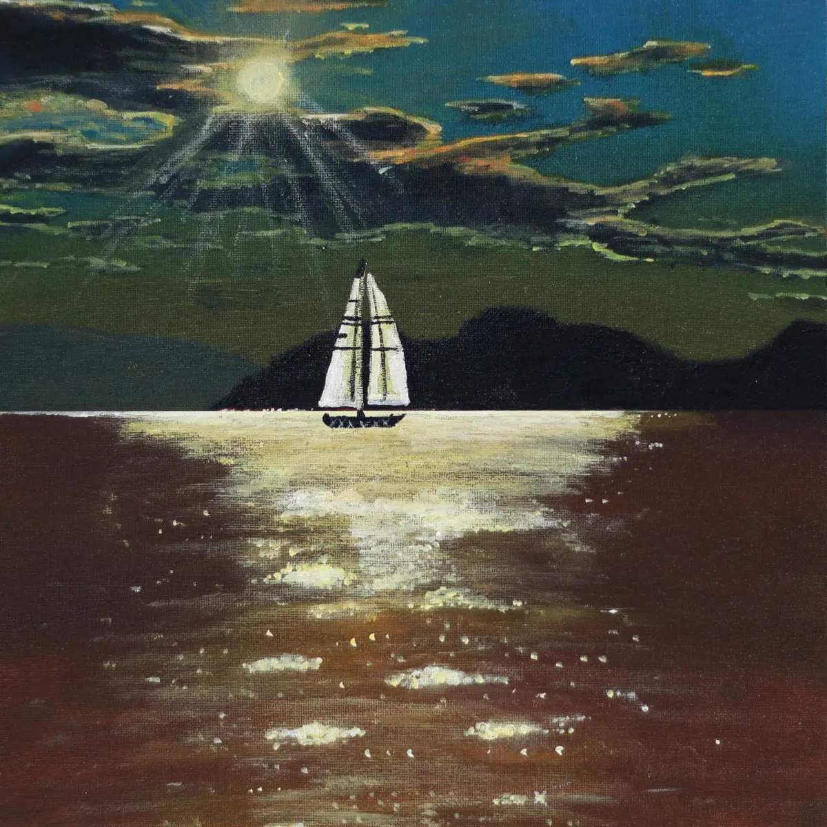 Voilier blanc naviguant sur une mer dorée sous un soleil rayonnant perçant les nuages dans une peinture intuitive spirituelle