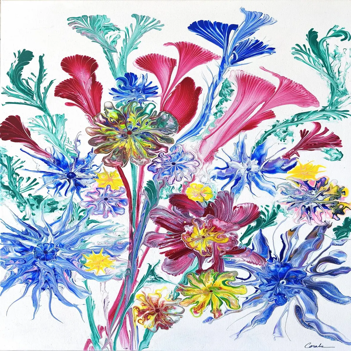 Peinture de fleurs énergétiques aux couleurs vives, œuvre intuitive et vibrante de Coralie.