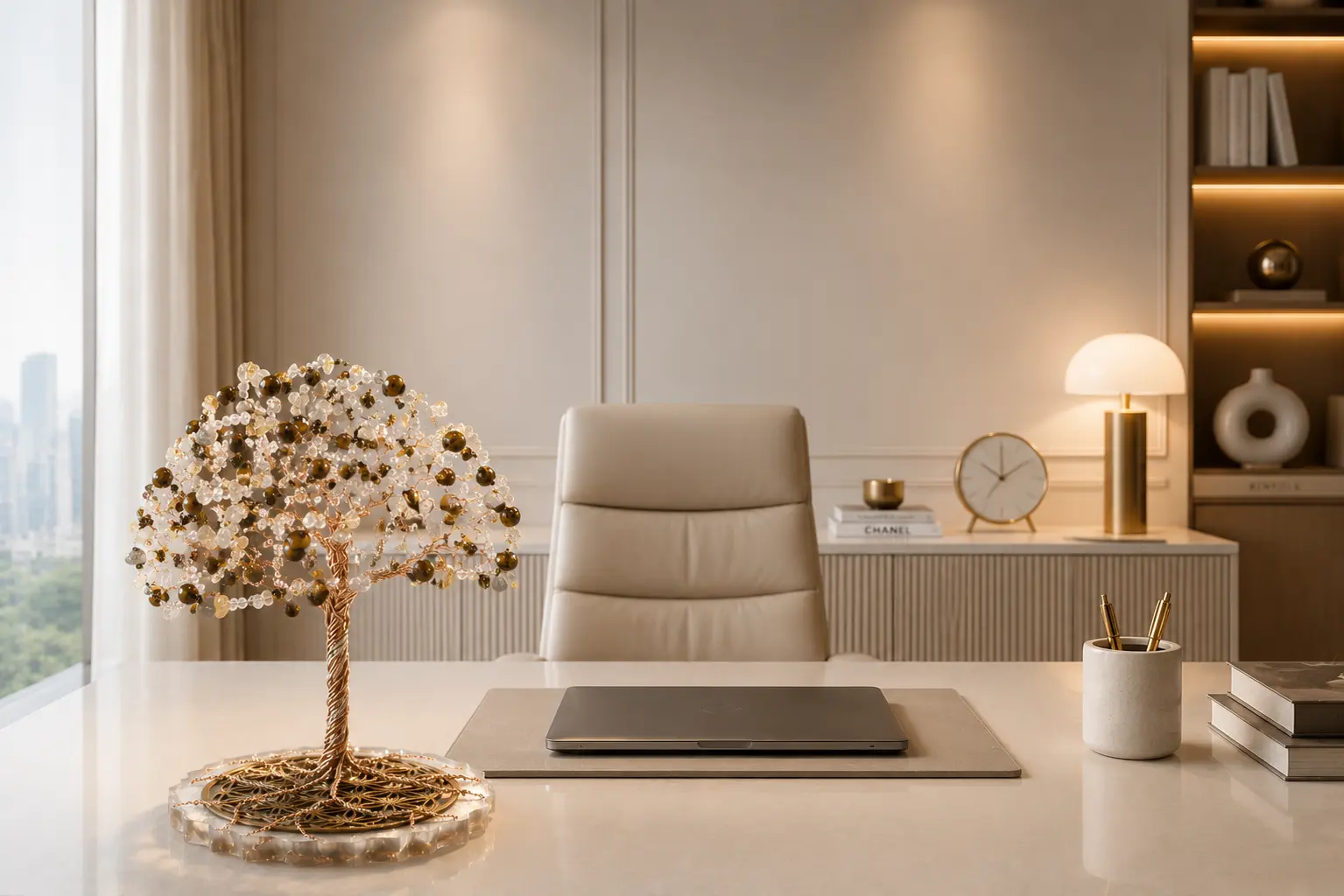 Arbre de vie en pierres naturelles installé dans un bureau premium moderne comme ancrage visuel et énergétique pour dirigeants et entrepreneurs.