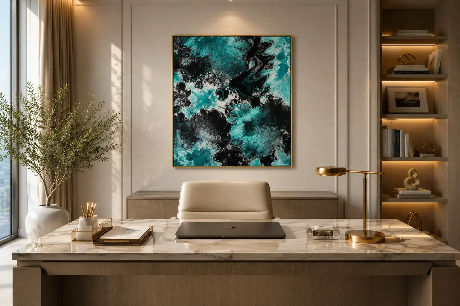 Œuvre abstraite colorée de Coralie Channeling Art intégrée dans un bureau premium comme ancrage visuel et émotionnel pour dirigeants et entrepreneurs.