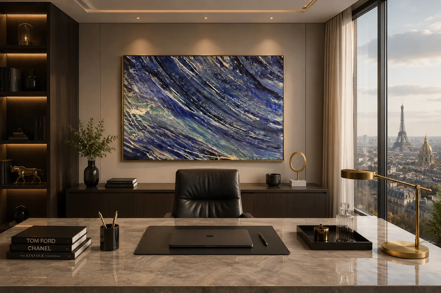 Œuvre abstraite bleue de Coralie Channeling Art installée dans un bureau de direction premium avec vue sur Paris pour l’offre Dévoile Business.